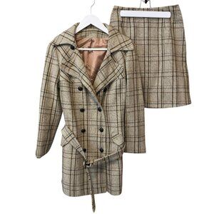 Vintage 70s Tweed ILGWU Neutral Belted Peacoat and Skirt Set Women's size S
